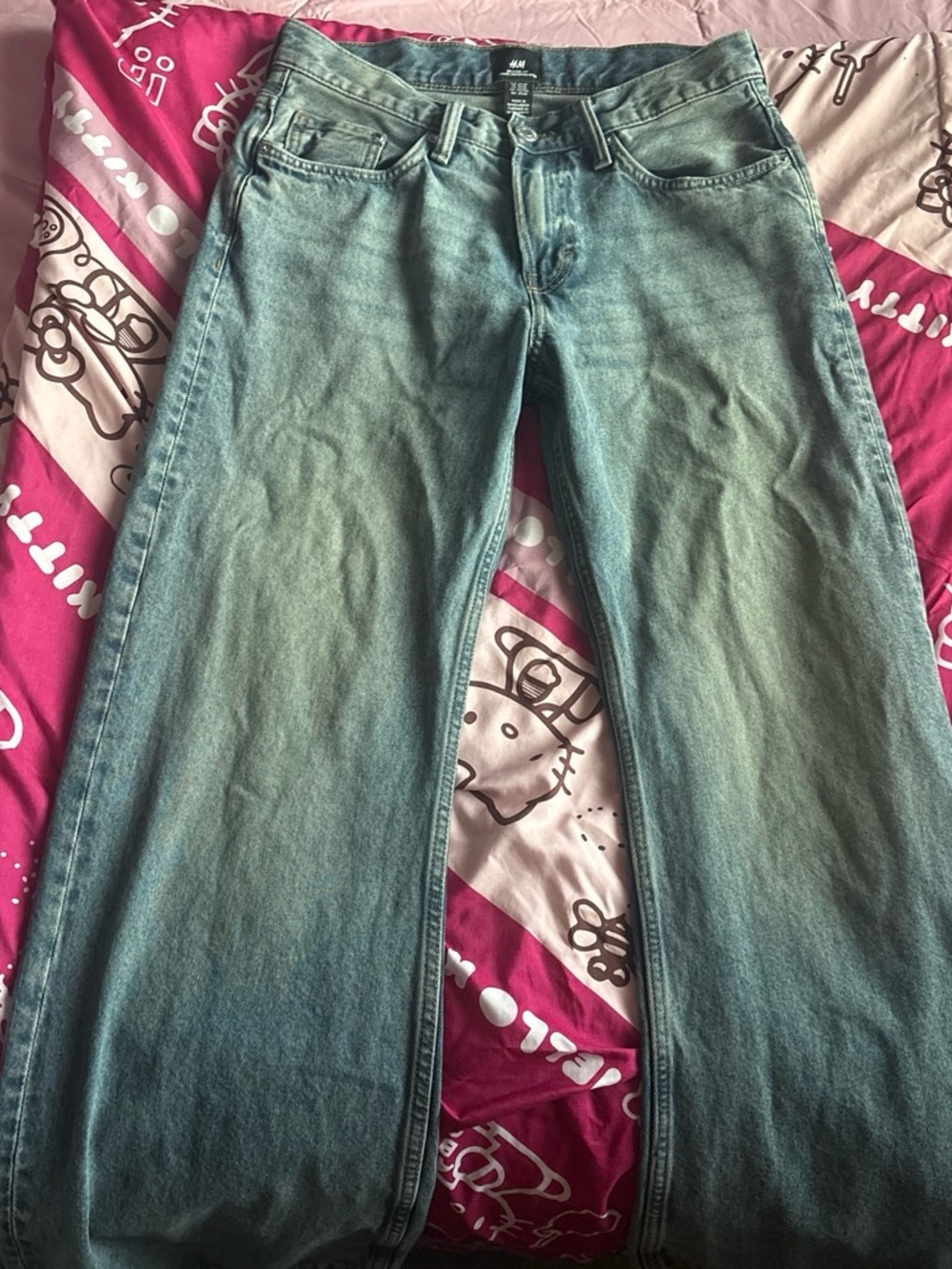 H&M Washed Green-Blue Straight Leg Jeans